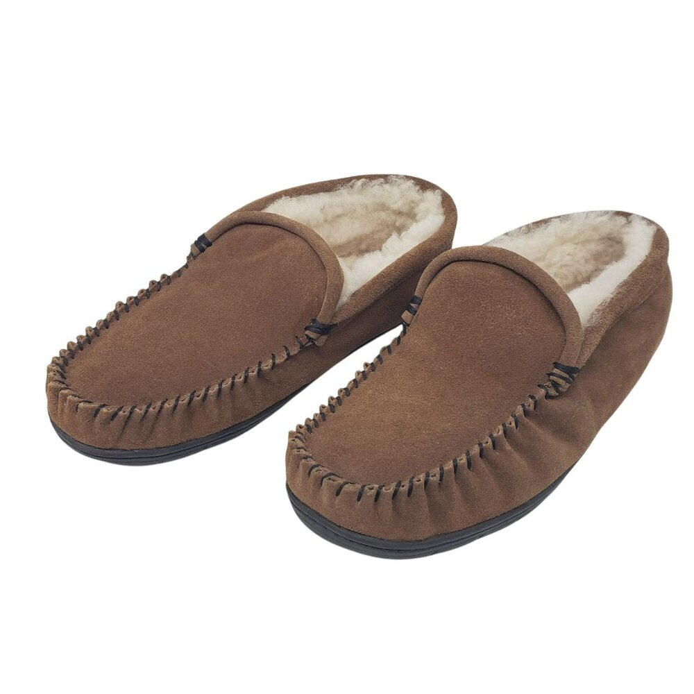 Staheekum Mens 9 Trapper Slipper Wheat Brown Cow Suede Shearling Wool Lining